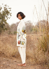 A Model Wearing White Cotton Mul Pahadi Shirt,curated by Only Ethikal